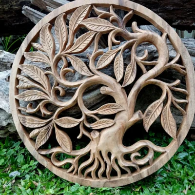 Tree Of Life Wall Art Decor Tree of Life Wall Art Round Wood Carving | Boho Rustic Wall Decor  Handmade Balinese Wood Panel  Spiritual Nature Home Accent
