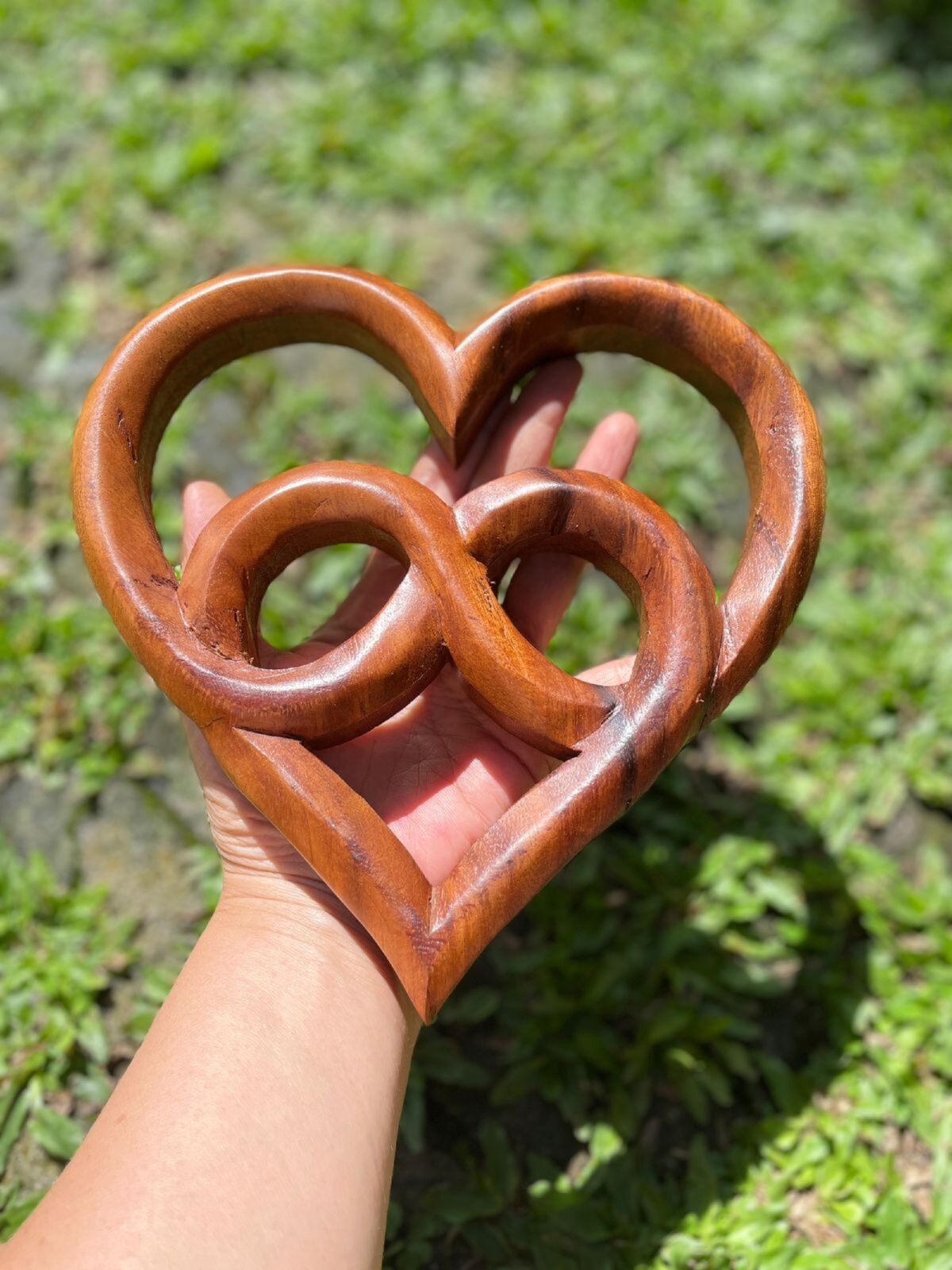 Love Symbol Wall Art – Handcarved Suar Wood Decor | Romantic Wooden Wall Hanging | Handmade Bali Wood Art | Rustic Heart Wall Panel