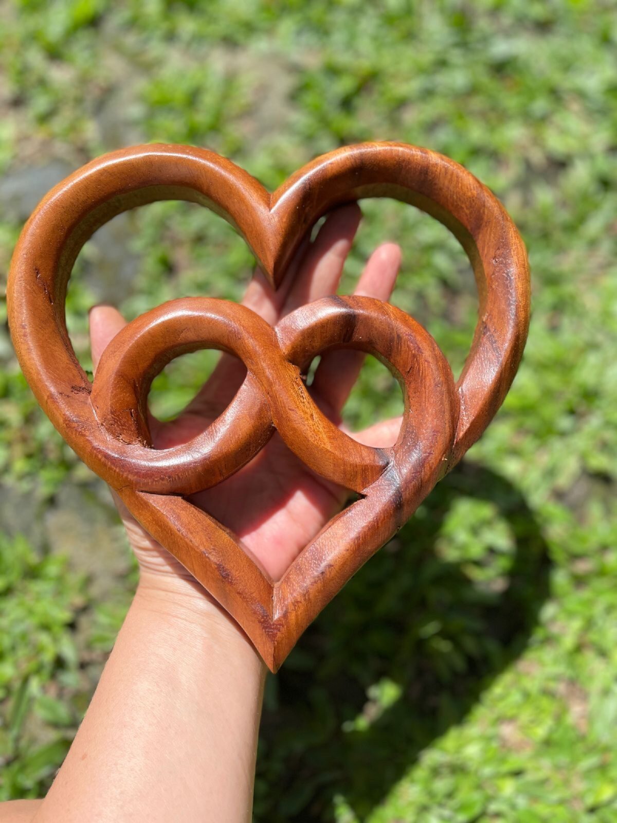 Love Symbol Wall Art – Handcarved Suar Wood Decor | Romantic Wooden Wall Hanging | Handmade Bali Wood Art | Rustic Heart Wall Panel