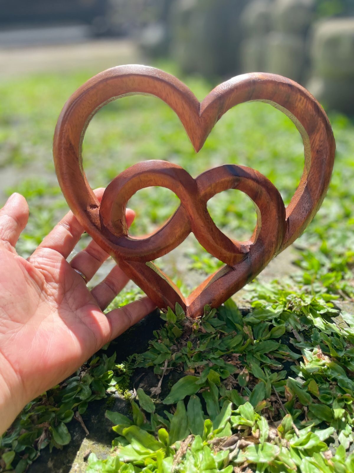 Love Symbol Wall Art – Handcarved Suar Wood Decor | Romantic Wooden Wall Hanging | Handmade Bali Wood Art | Rustic Heart Wall Panel