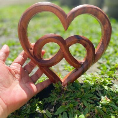 Love Symbol Wall Art – Handcarved Suar Wood Decor | Romantic Wooden Wall Hanging | Handmade Bali Wood Art | Rustic Heart Wall Panel