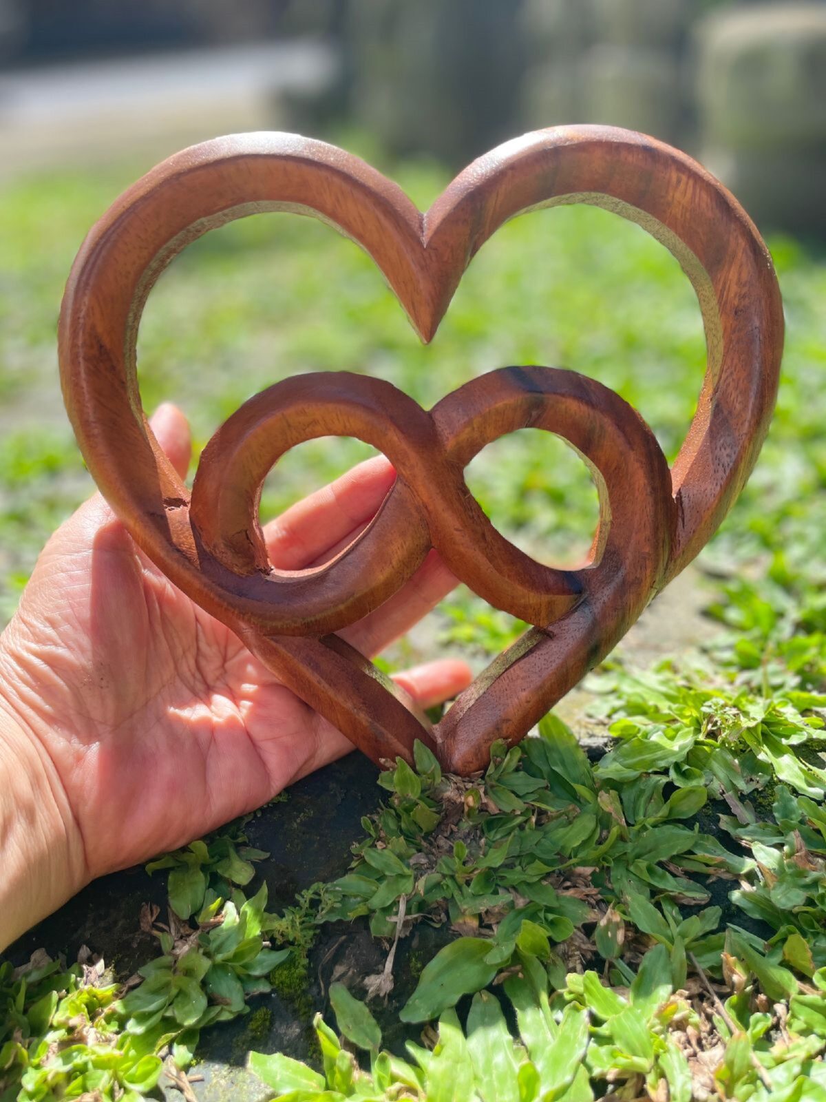 Love Symbol Wall Art – Handcarved Suar Wood Decor | Romantic Wooden Wall Hanging | Handmade Bali Wood Art | Rustic Heart Wall Panel