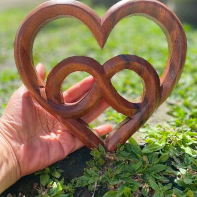 Love Symbol Wall Art – Handcarved Suar Wood Decor | Romantic Wooden Wall Hanging | Handmade Bali Wood Art | Rustic Heart Wall Panel
