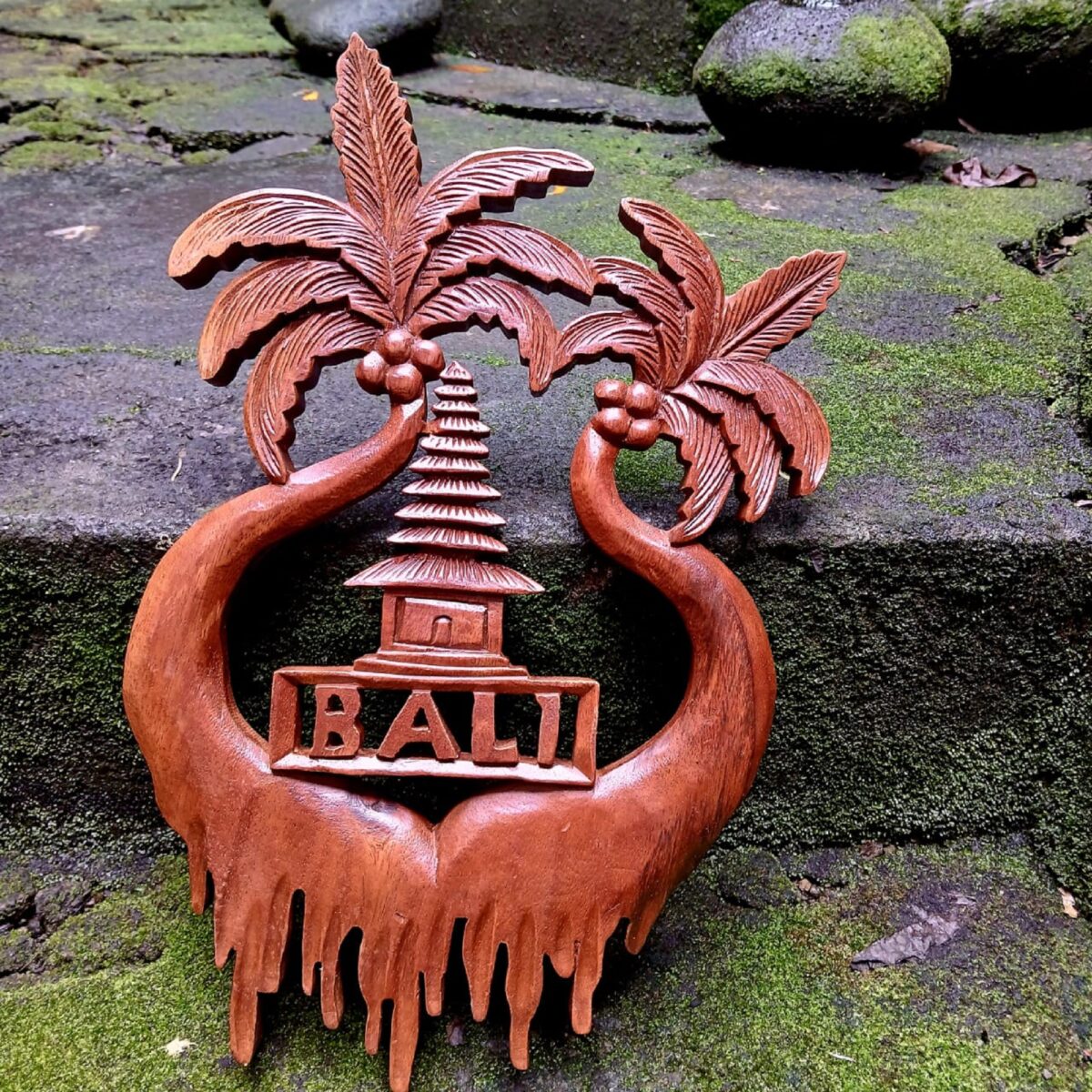 Wood Wall Art Balinese Gate with Coconut Tree, Bali Inspired Wooden Wall Art