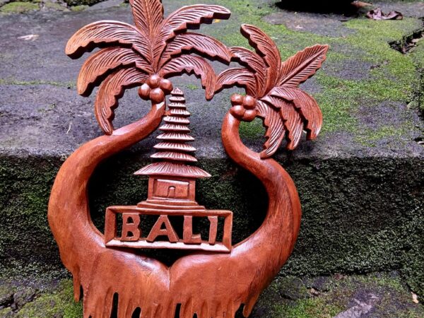Wood Wall Art Balinese Gate with Coconut Tree, Bali Inspired Wooden Wall Art