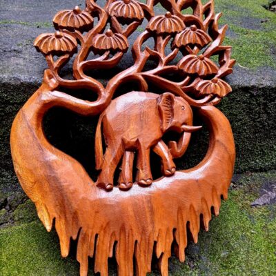 Elephant Wood Wall Art Decor,Elephant and Forest Wood Carving Panel