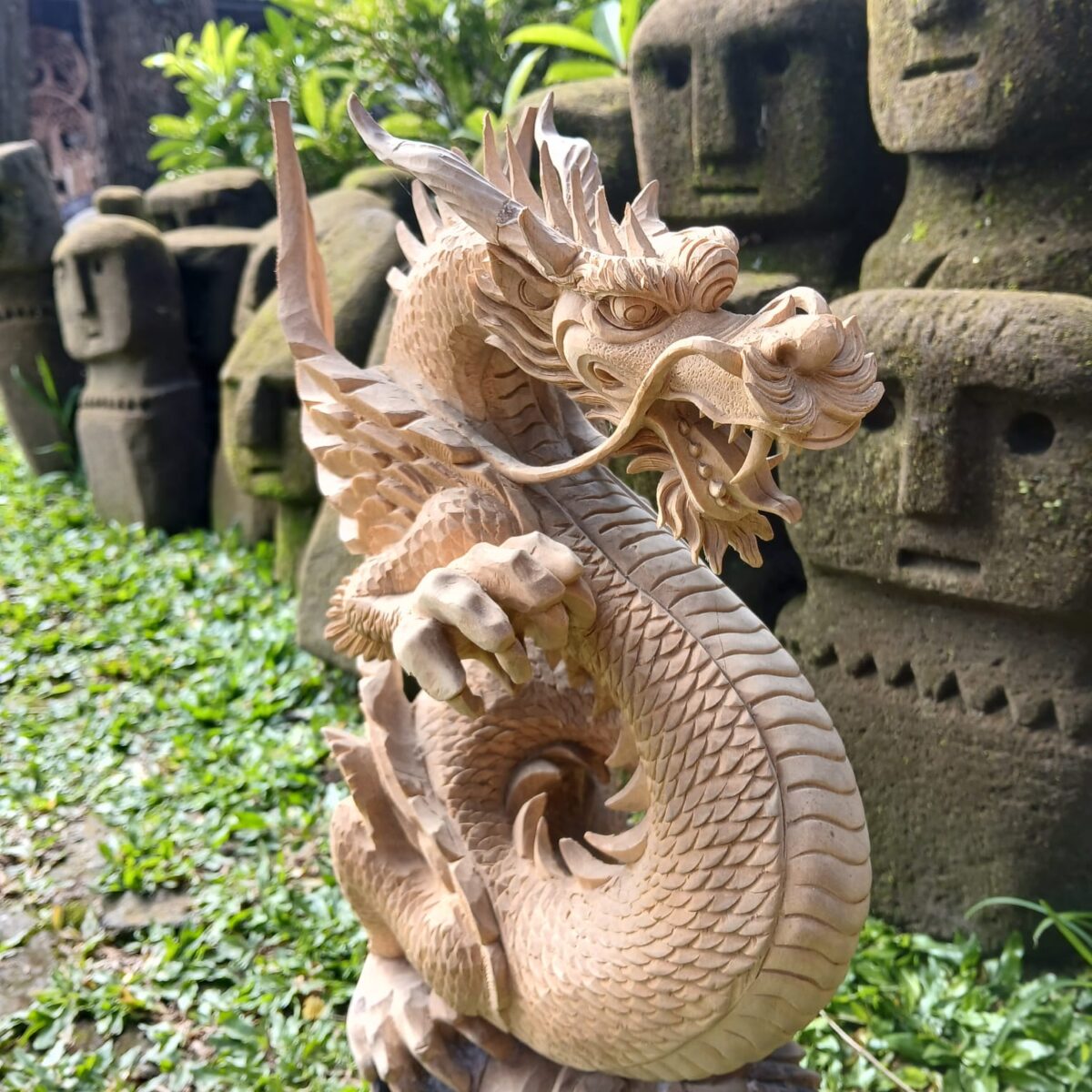 Hand Carved Chinese Dragon Wood Statue  Feng Shui Decor  Asian Mythical Sculpture