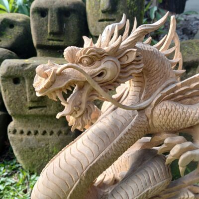 Hand Carved Chinese Dragon Wood Statue  Feng Shui Decor  Asian Mythical Sculpture