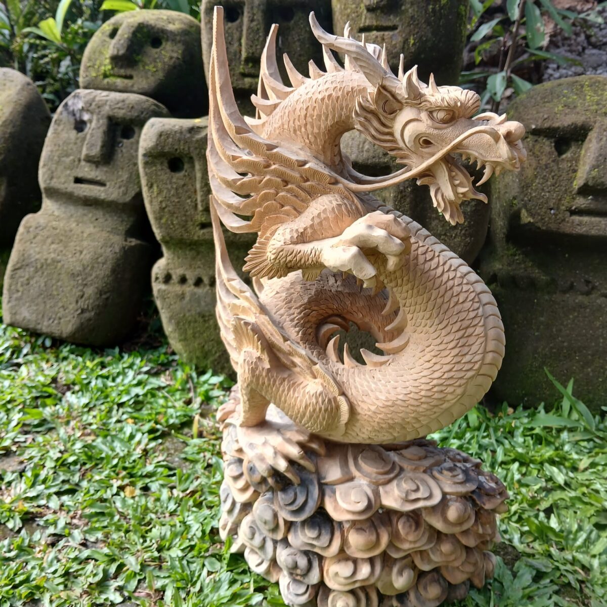 Hand Carved Chinese Dragon Wood Statue  Feng Shui Decor  Asian Mythical Sculpture