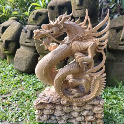Hand Carved Chinese Dragon Wood Statue  Feng Shui Decor  Asian Mythical Sculpture