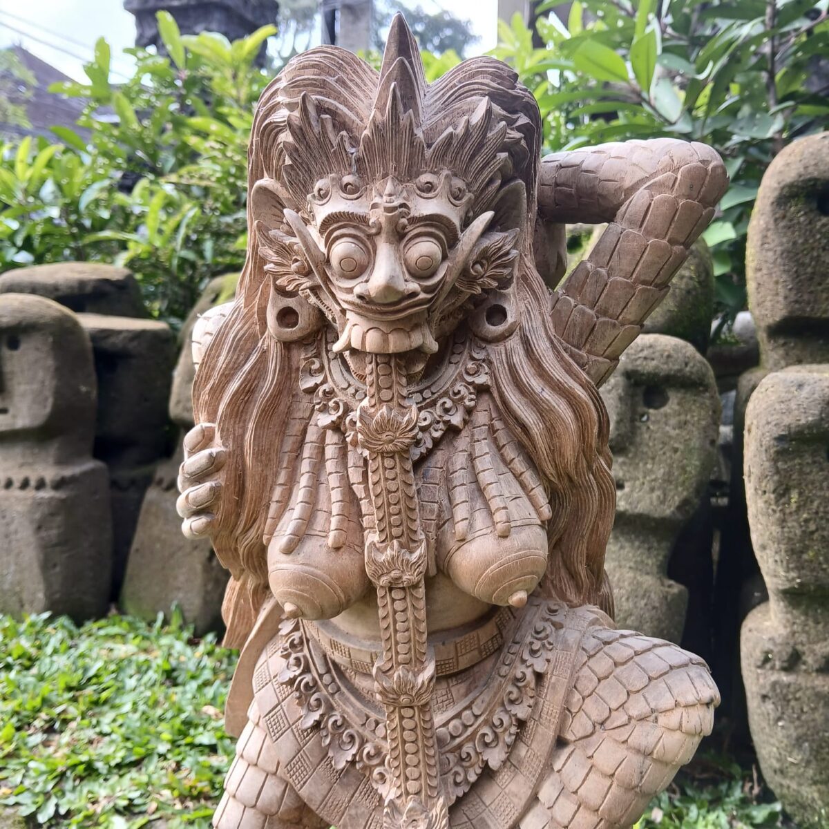 Hand Carved Rangda Wood Statue Balinese Mythical Demon Queen