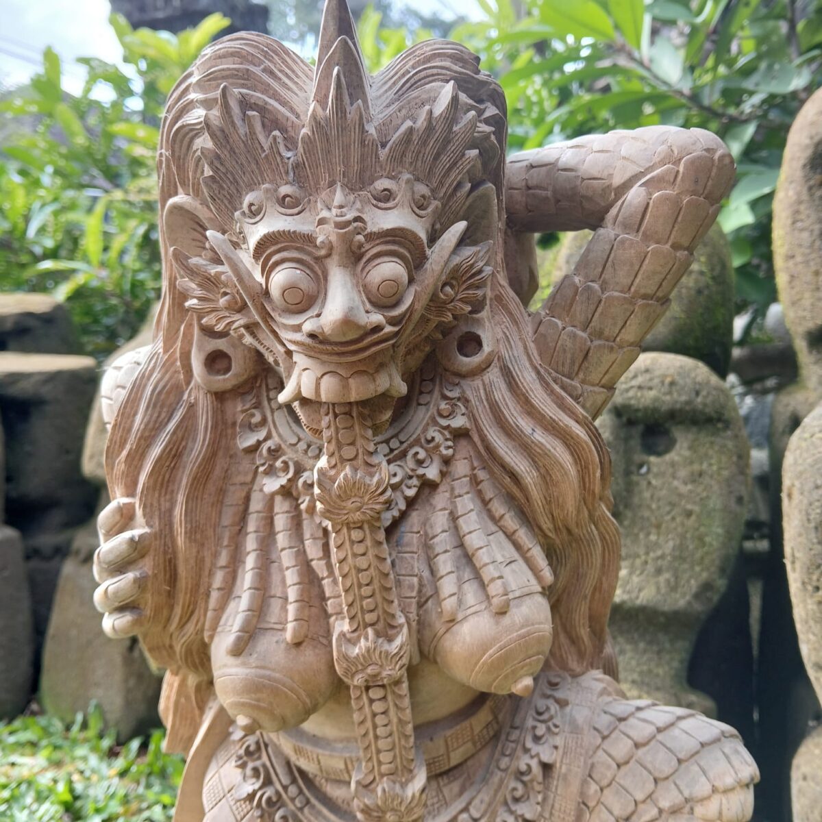 Hand Carved Rangda Wood Statue Balinese Mythical Demon Queen