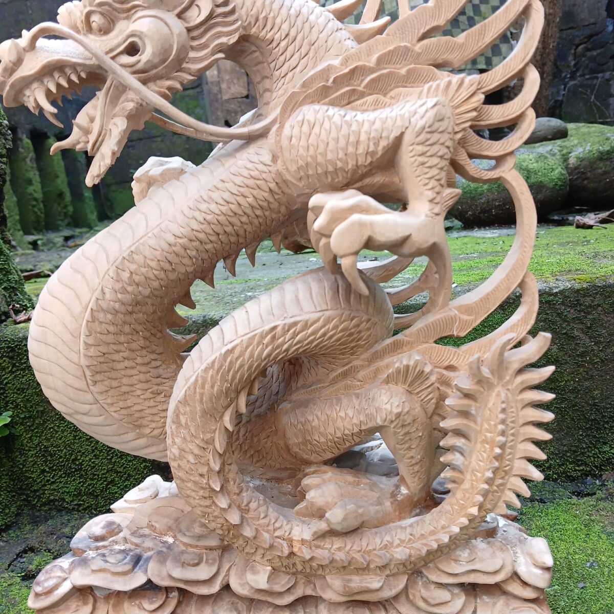 Hand Carved Chinese Dragon Wood Statue  Feng Shui Decor  Asian Mythical Sculpture