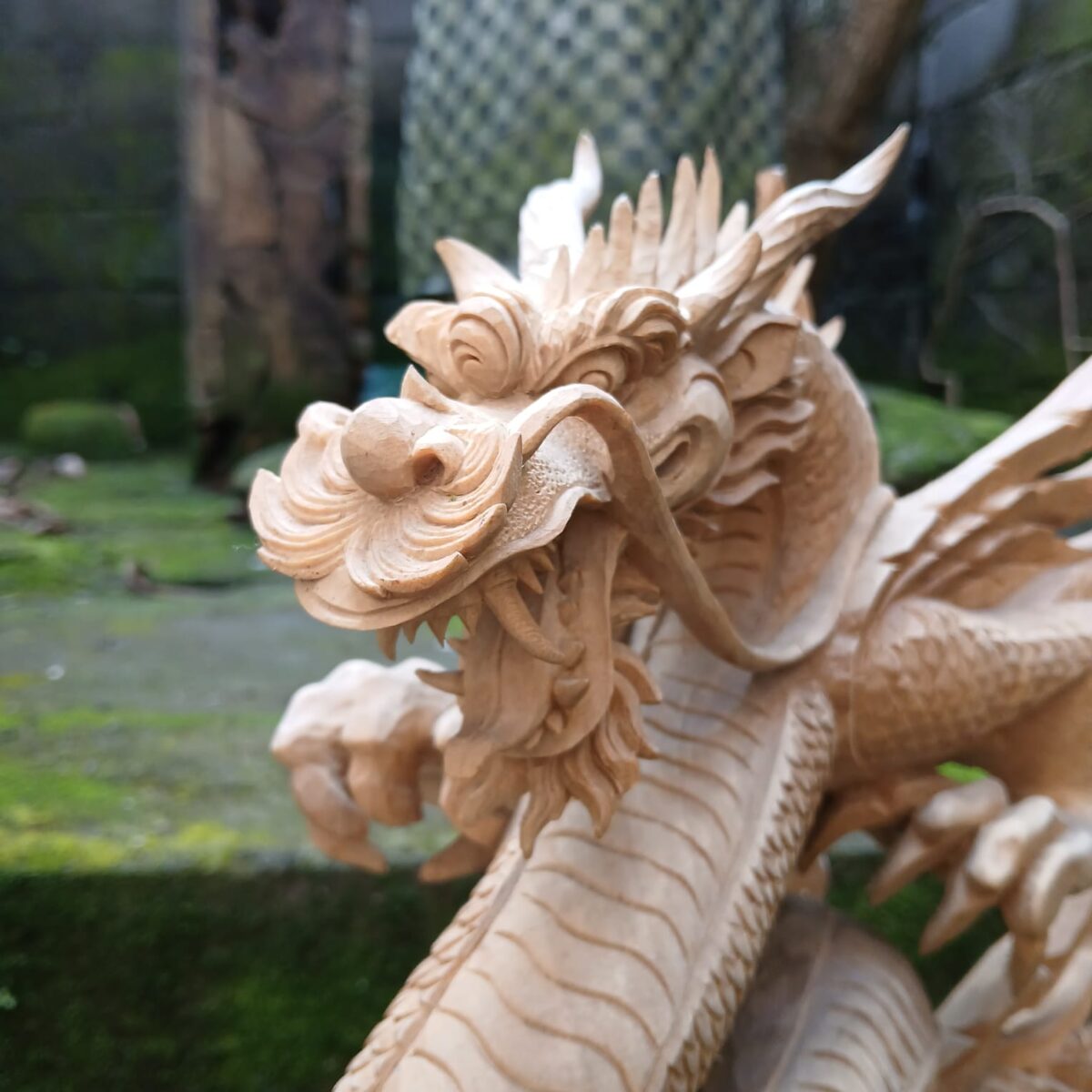 Hand Carved Chinese Dragon Wood Statue  Feng Shui Decor  Asian Mythical Sculpture