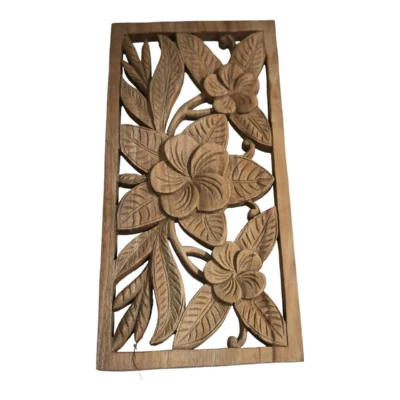 Hand-Carved Wood Frangipani Wall Art Tropical Floral Decor Bali Inspired Wooden Panel Plumeria (Frangipani) Wood Wall Decor