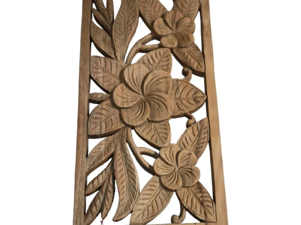 Hand-Carved Wood Frangipani Wall Art Tropical Floral Decor Bali Inspired Wooden Panel Plumeria (Frangipani) Wood Wall Decor