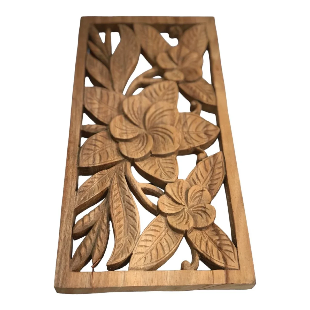 Hand-Carved Wood Frangipani Wall Art Tropical Floral Decor Bali Inspired Wooden Panel Plumeria (Frangipani) Wood Wall Decor