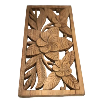Hand-Carved Wood Frangipani Wall Art Tropical Floral Decor Bali Inspired Wooden Panel Plumeria (Frangipani) Wood Wall Decor