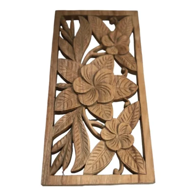 Hand-Carved Wood Frangipani Wall Art Tropical Floral Decor Bali Inspired Wooden Panel Plumeria (Frangipani) Wood Wall Decor