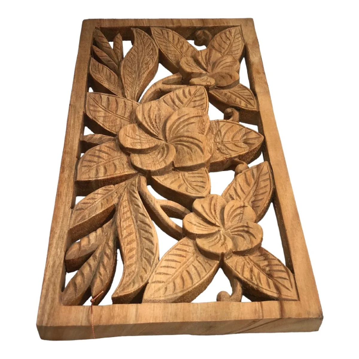 Hand-Carved Wood Frangipani Wall Art Tropical Floral Decor Bali Inspired Wooden Panel Plumeria (Frangipani) Wood Wall Decor