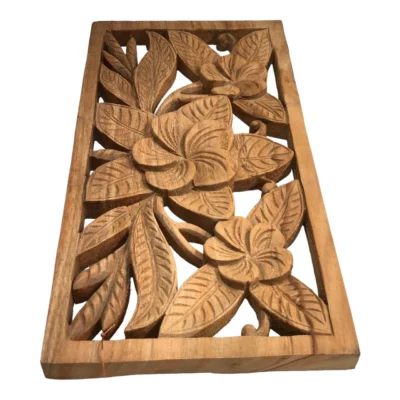 Hand-Carved Wood Frangipani Wall Art Tropical Floral Decor Bali Inspired Wooden Panel Plumeria (Frangipani) Wood Wall Decor