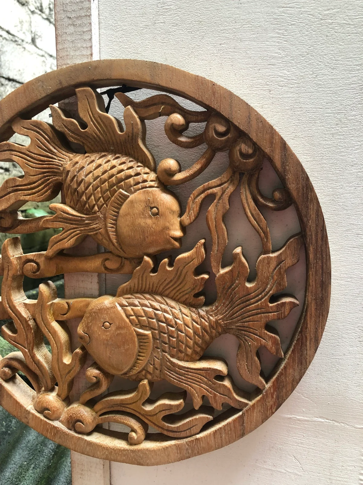 Fish wall wood carving bal , Koi Wall Decor, Fish Wall Art, Yin Yang, Good Fortune, Wooden Statue,  Balinese wall art