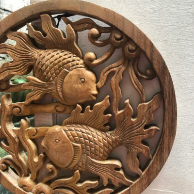 Fish wall wood carving bal , Koi Wall Decor, Fish Wall Art, Yin Yang, Good Fortune, Wooden Statue,  Balinese wall art