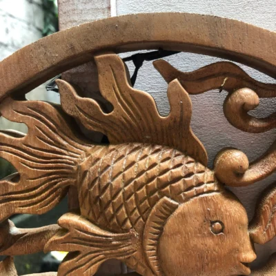Fish wall wood carving bal , Koi Wall Decor, Fish Wall Art, Yin Yang, Good Fortune, Wooden Statue,  Balinese wall art