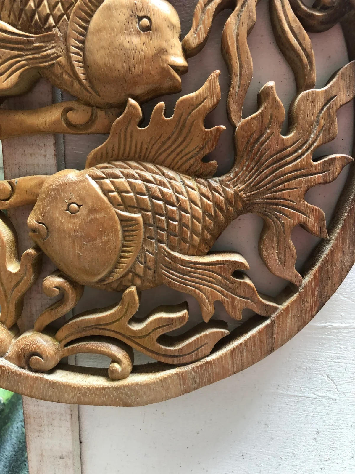 Fish wall wood carving bal , Koi Wall Decor, Fish Wall Art, Yin Yang, Good Fortune, Wooden Statue,  Balinese wall art