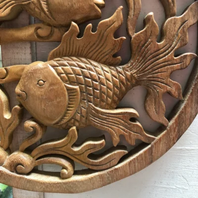 Fish wall wood carving bal , Koi Wall Decor, Fish Wall Art, Yin Yang, Good Fortune, Wooden Statue,  Balinese wall art