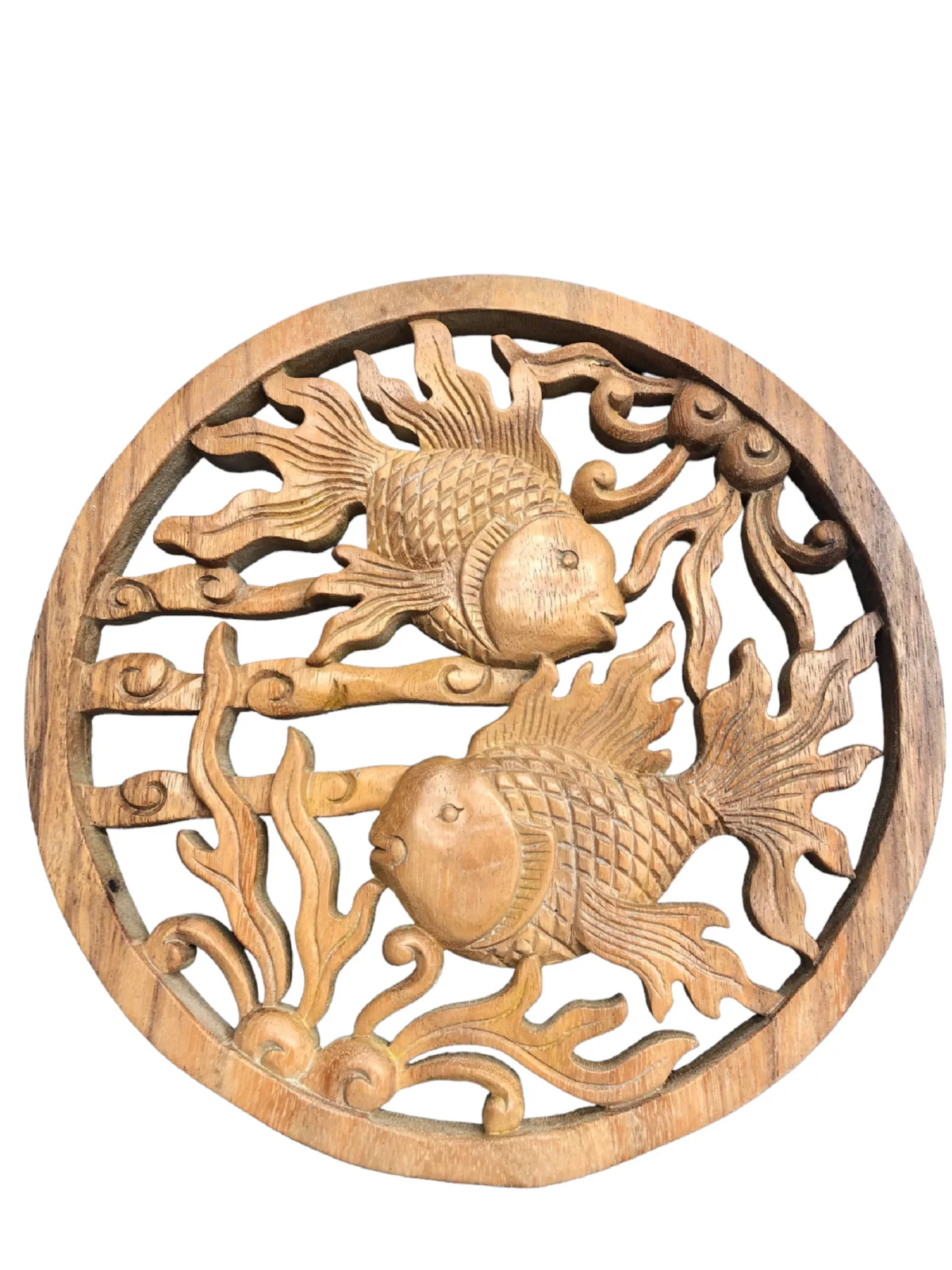 Fish wall wood carving bal , Koi Wall Decor, Fish Wall Art, Yin Yang, Good Fortune, Wooden Statue,  Balinese wall art