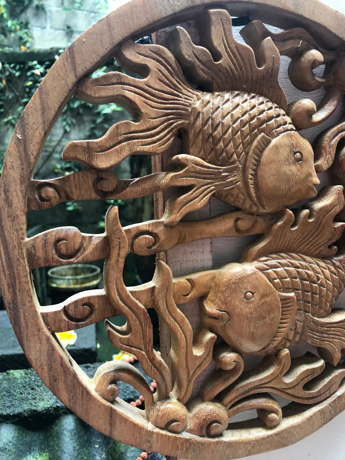 Fish wall wood carving bal , Koi Wall Decor, Fish Wall Art, Yin Yang, Good Fortune, Wooden Statue,  Balinese wall art