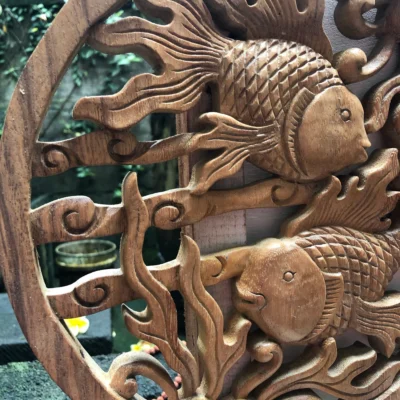 Fish wall wood carving bal , Koi Wall Decor, Fish Wall Art, Yin Yang, Good Fortune, Wooden Statue,  Balinese wall art
