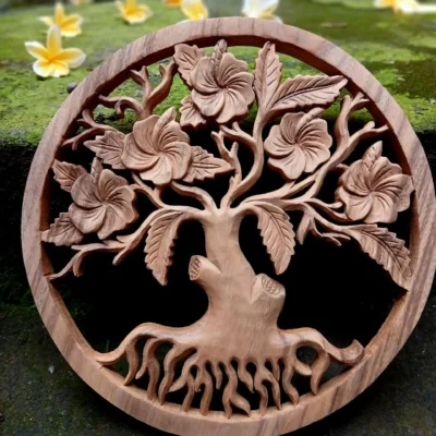 Handmade Frangipani (Plumeria) Wall Art – Balinese Wood Carving – Floral Wall Decor – Tropical Home