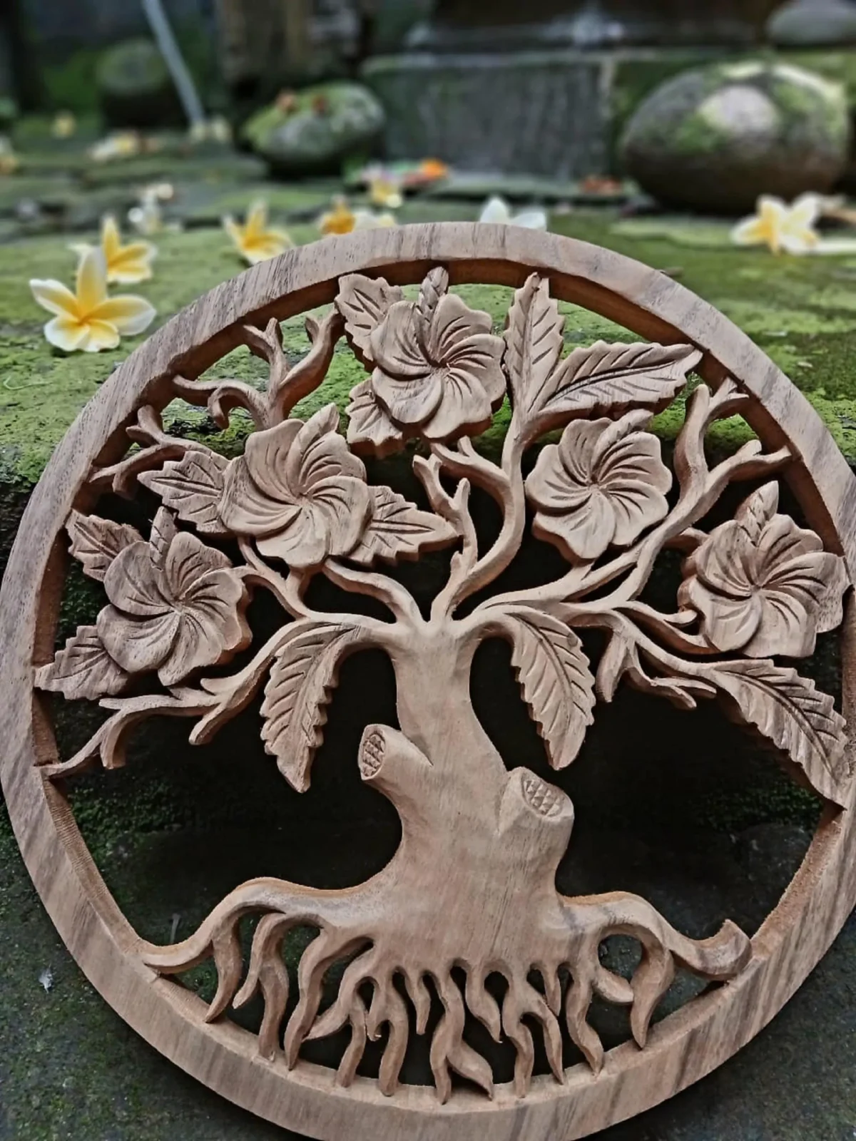 Handmade Frangipani (Plumeria) Wall Art – Balinese Wood Carving – Floral Wall Decor – Tropical Home
