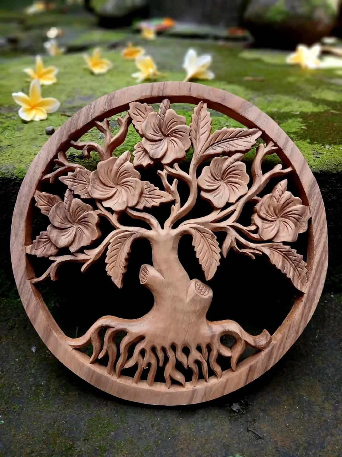 Handmade Frangipani (Plumeria) Wall Art – Balinese Wood Carving – Floral Wall Decor – Tropical Home