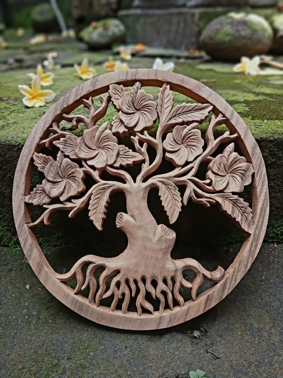 Handmade Frangipani (Plumeria) Wall Art – Balinese Wood Carving – Floral Wall Decor – Tropical Home