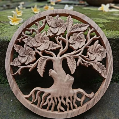 Handmade Frangipani (Plumeria) Wall Art – Balinese Wood Carving – Floral Wall Decor – Tropical Home