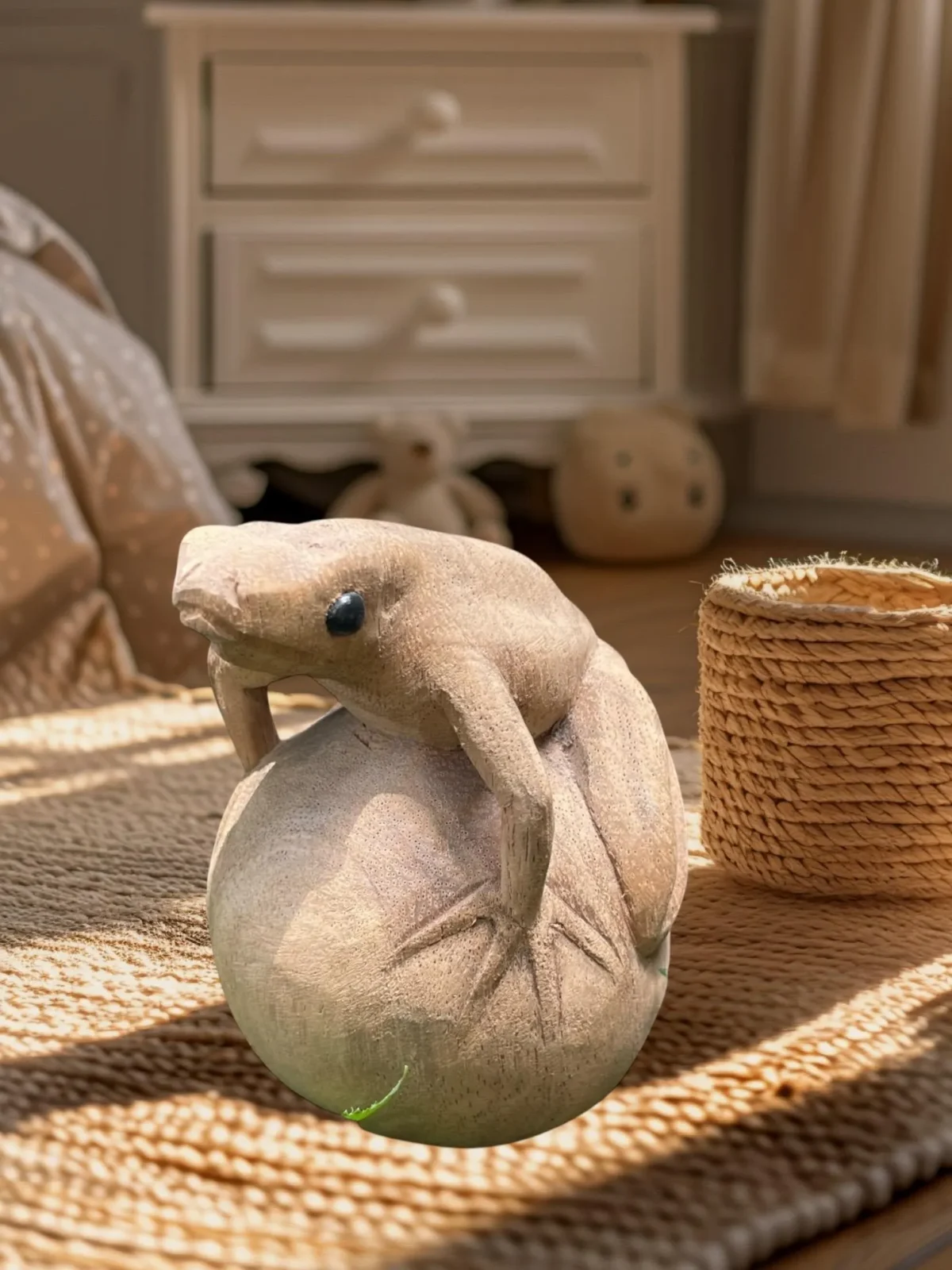 Hand Carved Wooden Frog Figurine,Handmade Animal Decor, Rustic Home Accent