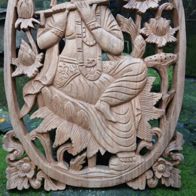 Lord Krishna Wood Wall Decor – Hand-Carved Hindu Art, Spiritual Wall Hanging
