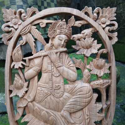 Lord Krishna Wood Wall Decor – Hand-Carved Hindu Art, Spiritual Wall Hanging