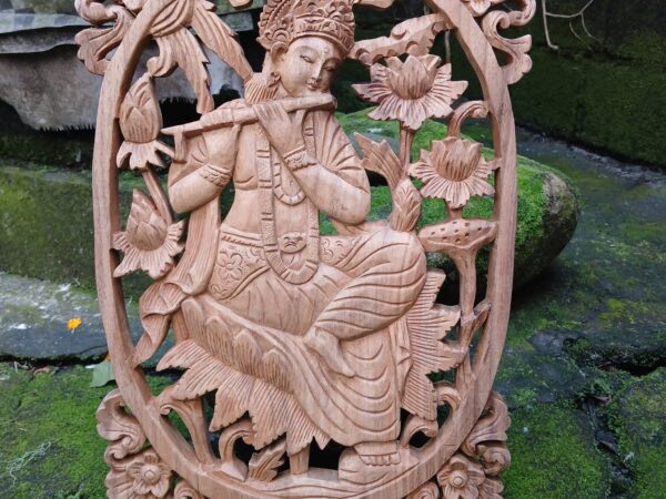 Lord Krishna Wood Wall Decor – Hand-Carved Hindu Art, Spiritual Wall Hanging