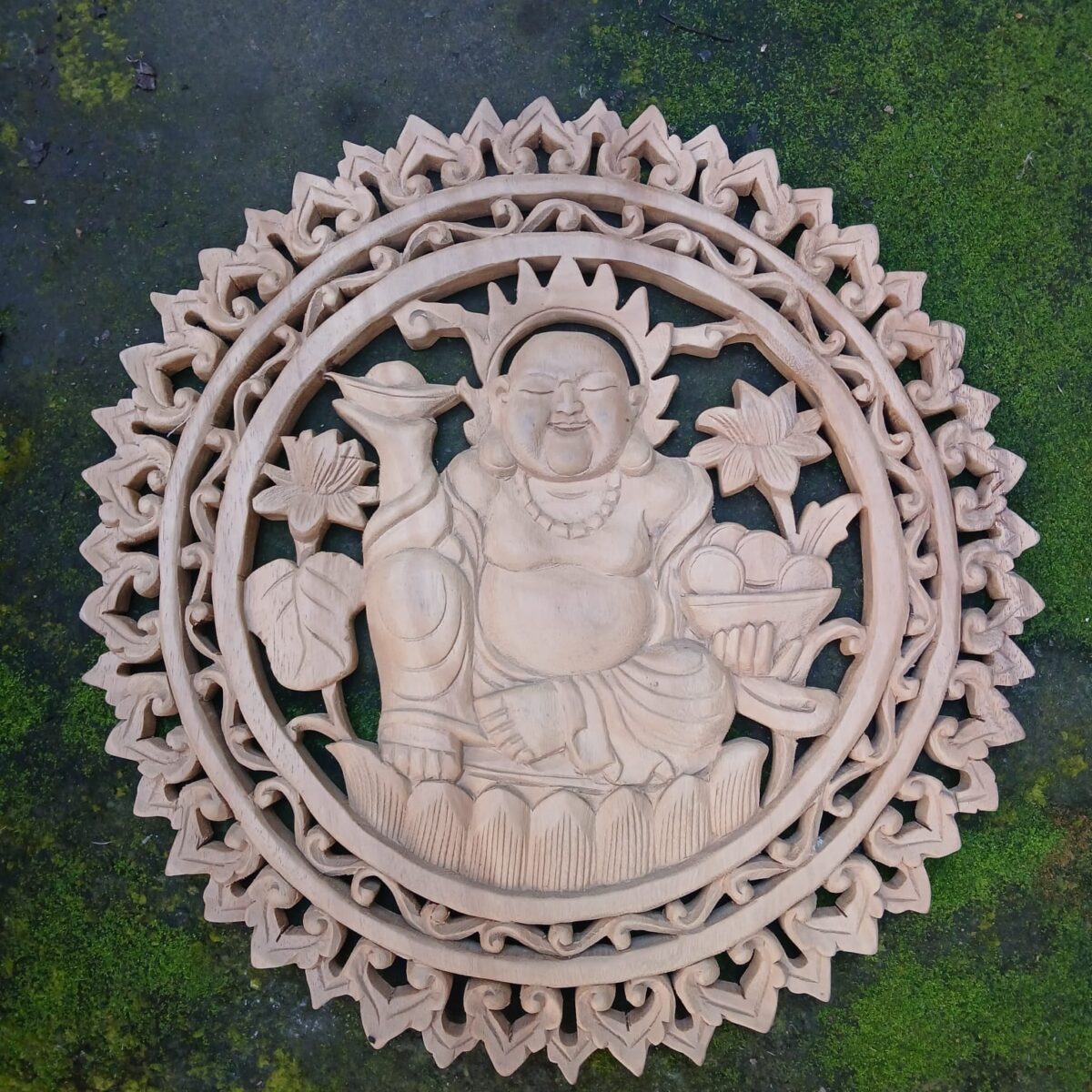 Happy Buddha Wall Art,Handcrafted Spiritual Art for Meditation or Yoga Space,Hand,Carved Asian Decor, Good Luck Symbol