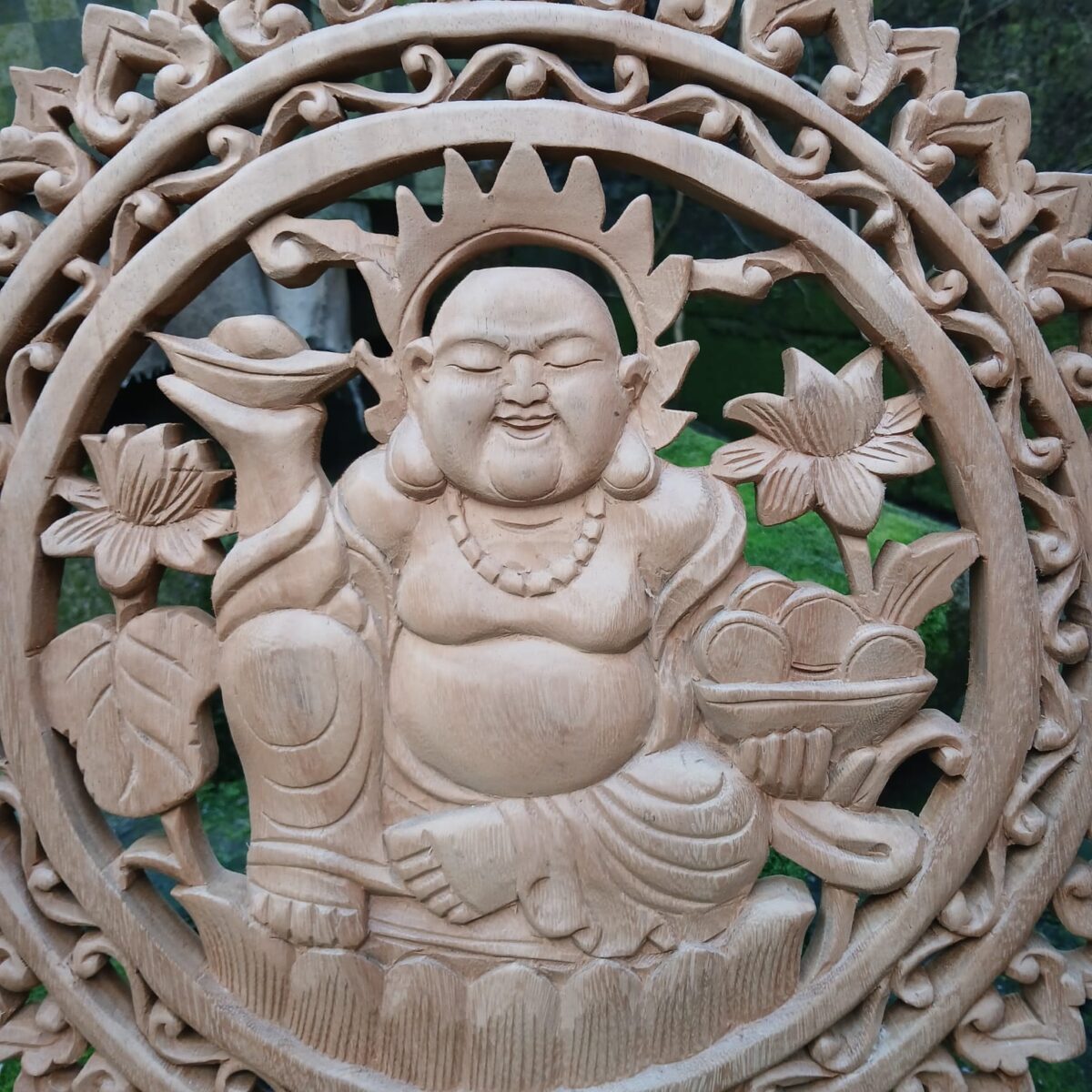Happy Buddha Wall Art,Handcrafted Spiritual Art for Meditation or Yoga Space,Hand,Carved Asian Decor, Good Luck Symbol