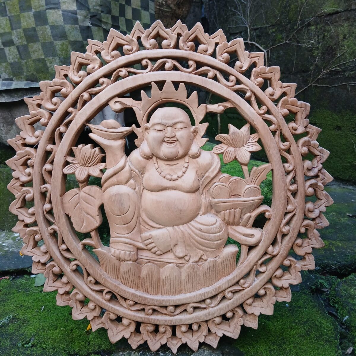 Happy Buddha Wall Art,Handcrafted Spiritual Art for Meditation or Yoga Space,Hand,Carved Asian Decor, Good Luck Symbol