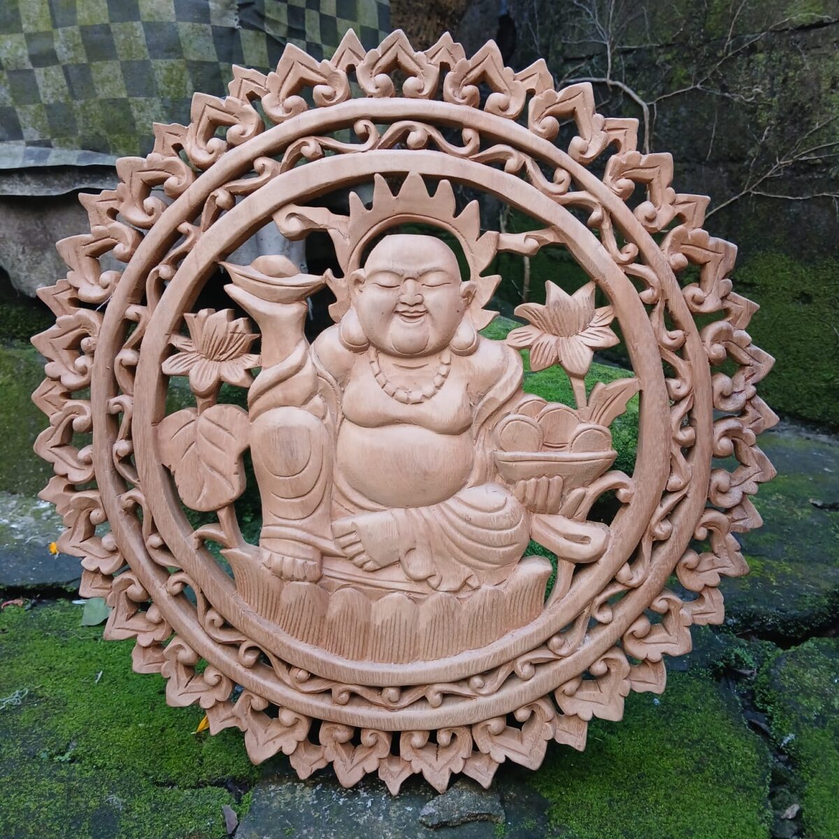 Happy Buddha Wall Art,Handcrafted Spiritual Art for Meditation or Yoga Space,Hand,Carved Asian Decor, Good Luck Symbol