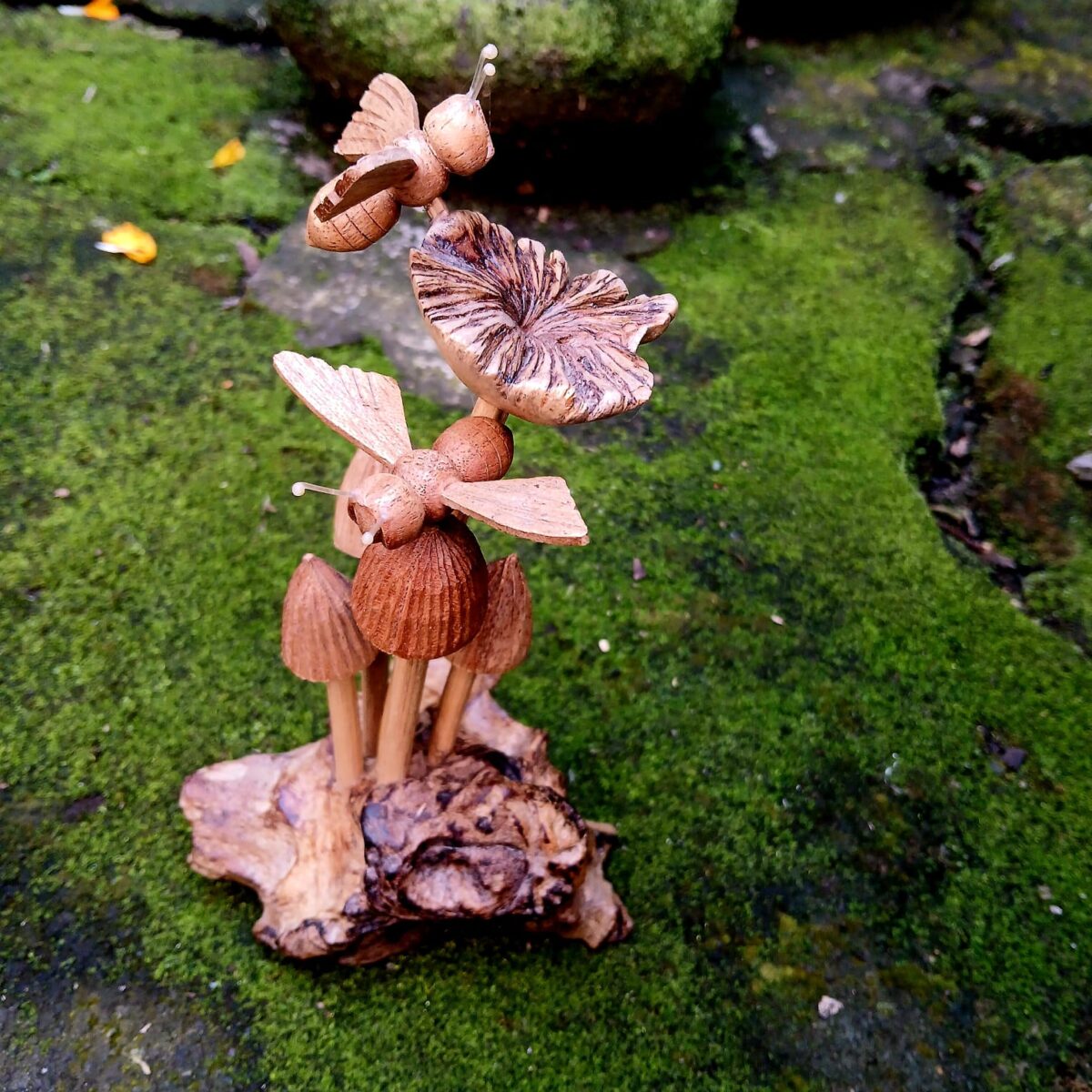 Hand-Carved Wooden Mushroom,Nature-Inspired Wood Sculpture, Rustic Forest Decor