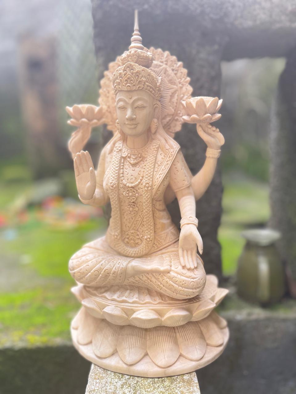 Hand Carved Wooden Lakshmi Statue ,Hindu Goddess Wood Carving,Spiritual Home Decor