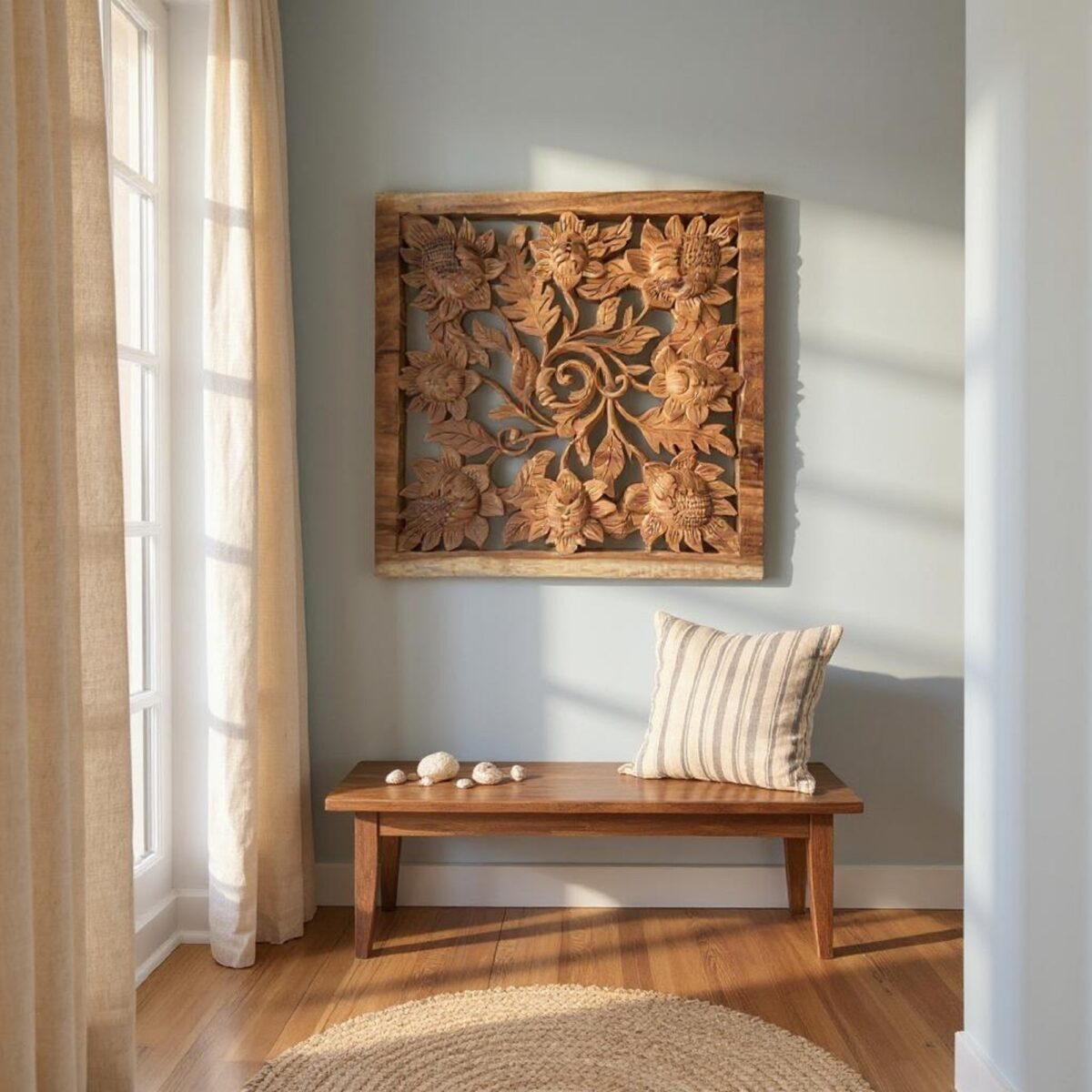 Handmade Flower Wood Wall Hanging,Wood Flower Wall Decor ,Rustic Floral Wall Art ,Carved Wooden Flower Sign