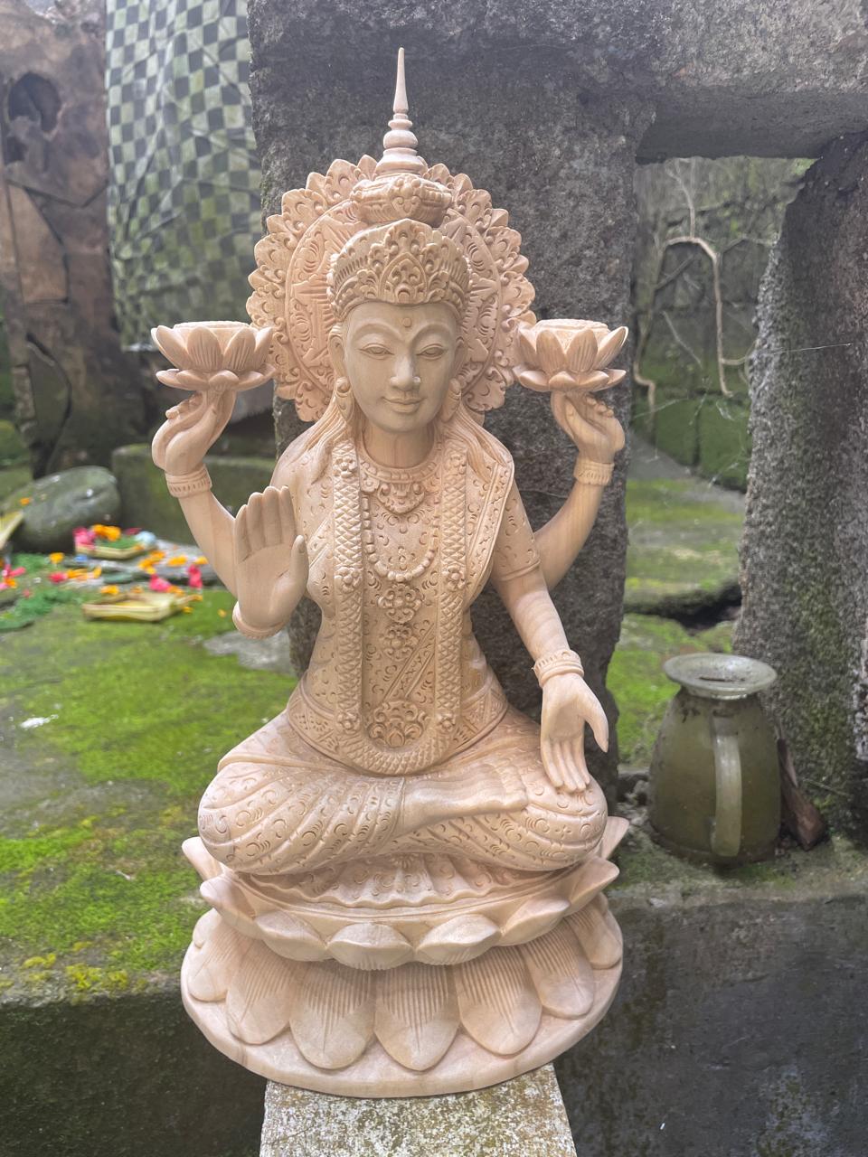 Hand Carved Wooden Lakshmi Statue ,Hindu Goddess Wood Carving,Spiritual Home Decor